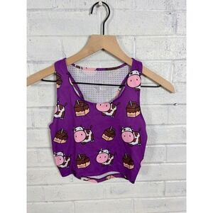 ChicknLegs Running Crop Top Womens XS Purple Choccy Milk Cow Racerback Mesh